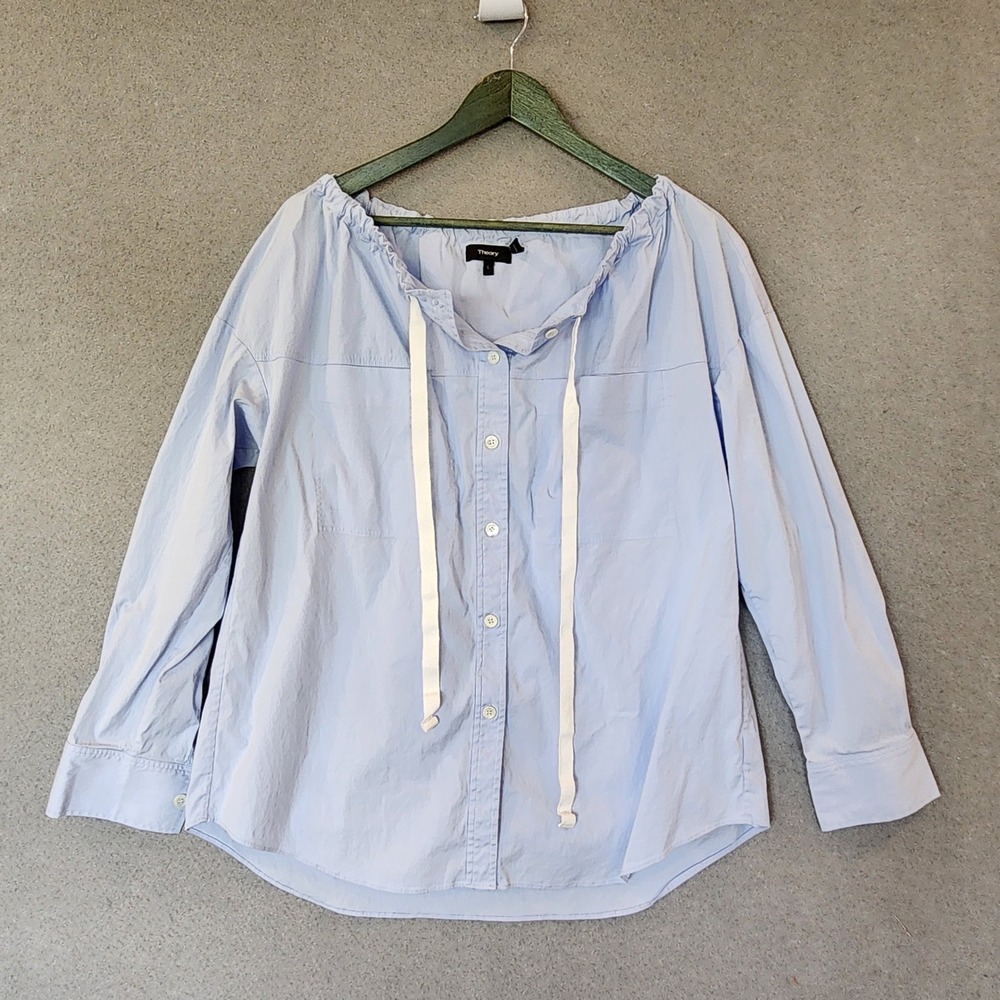 Theory Velvela Utility Blouse Top Womens L‎ Blue Drawstring Button Up - Picture 3 of 13